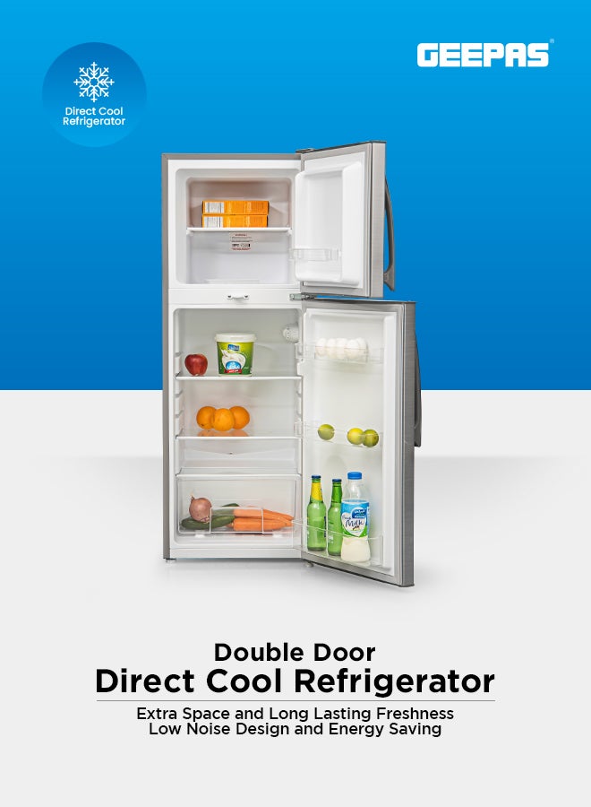 GEEPAS Double Door Direct Cool Refrigerator , 168L Gross Capacity (Freezer 40L/ Refrigerator 128L) with Quick Cooling, Temperature Control, Tempered Glass Shelves, Larger Freezer, Extra Space for Long-Lasting Freshness & Energy Savings 223 kW GRF2202SXE Silver - Image 2