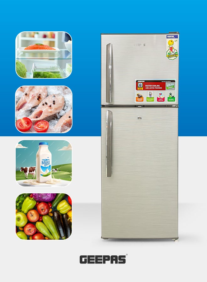 GEEPAS Double Door Direct Cool Refrigerator , 168L Gross Capacity (Freezer 40L/ Refrigerator 128L) with Quick Cooling, Temperature Control, Tempered Glass Shelves, Larger Freezer, Extra Space for Long-Lasting Freshness & Energy Savings 223 kW GRF2202SXE Silver - Image 5