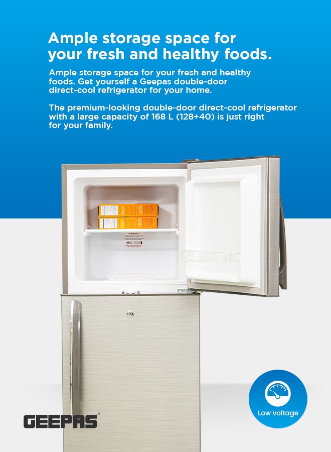 GEEPAS Double Door Direct Cool Refrigerator , 168L Gross Capacity (Freezer 40L/ Refrigerator 128L) with Quick Cooling, Temperature Control, Tempered Glass Shelves, Larger Freezer, Extra Space for Long-Lasting Freshness & Energy Savings 223 kW GRF2202SXE Silver - Image 3