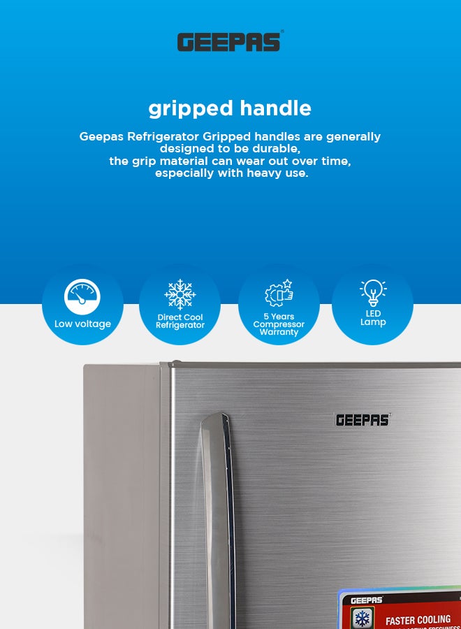 GEEPAS Double Door Direct Cool Refrigerator , 168L Gross Capacity (Freezer 40L/ Refrigerator 128L) with Quick Cooling, Temperature Control, Tempered Glass Shelves, Larger Freezer, Extra Space for Long-Lasting Freshness & Energy Savings 223 kW GRF2202SXE Silver - Image 4