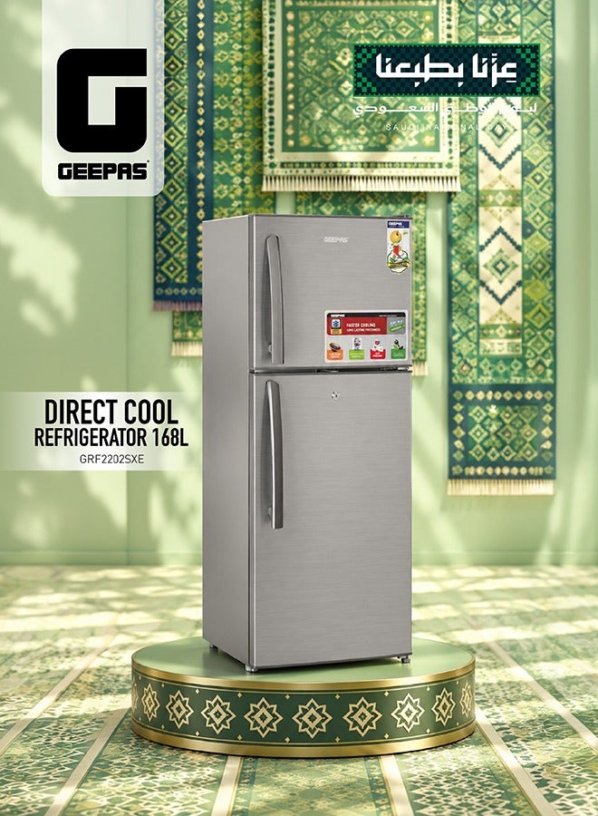 GEEPAS Double Door Direct Cool Refrigerator , 168L Gross Capacity (Freezer 40L/ Refrigerator 128L) with Quick Cooling, Temperature Control, Tempered Glass Shelves, Larger Freezer, Extra Space for Long-Lasting Freshness & Energy Savings 223 kW GRF2202SXE Silver - Image 1