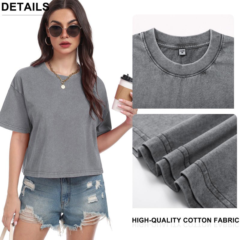 KEEPSHOWING Womens Crop Tops Acid Wash Short Sleeve T-Shirts Casual Round Neck Basic Tees Baggy Summer Shirts(Grey L) - Image 3