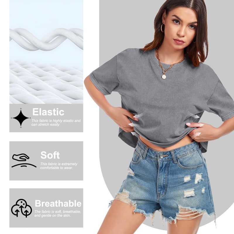 KEEPSHOWING Womens Crop Tops Acid Wash Short Sleeve T-Shirts Casual Round Neck Basic Tees Baggy Summer Shirts(Grey L) - Image 4