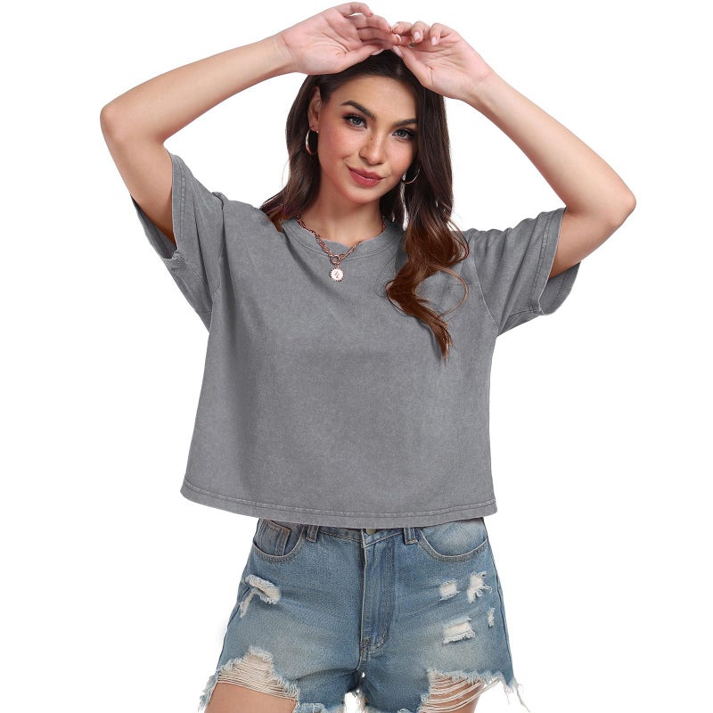 KEEPSHOWING Womens Crop Tops Acid Wash Short Sleeve T-Shirts Casual Round Neck Basic Tees Baggy Summer Shirts(Grey L) - Image 2