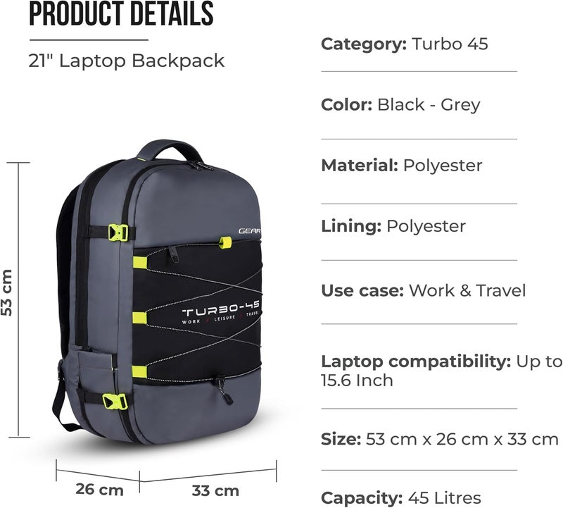 Gear Turbo 45 Ltrs Expandable Travel Laptop Backpack with RainCover (Grey-Black), One Size (TLPTURBO00401) - Image 3