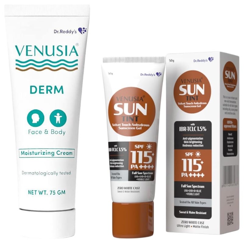 Venusia Derm moisturising lotion 75g Venusia Tinted sunscreen SPF115Full spectrum protection 50g - Image 1