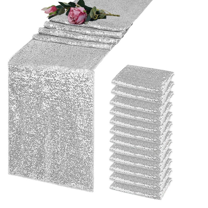 TCBESTO Silver Sequin Table Runner 12 x 108 12 Pack Metallic Sparkle Table Runner Glitter Table Linen Runner for Baby Shower Wedding Christmas Birthday Party