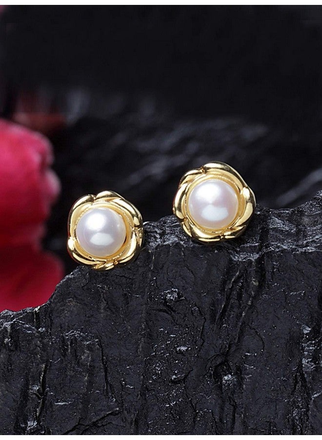 CLARA 925 Sterling Silver Real Pearl Stud Aki Earrings | Gold Rhodium Plated, Screw Back | Gift for Women & Girls - Image 3