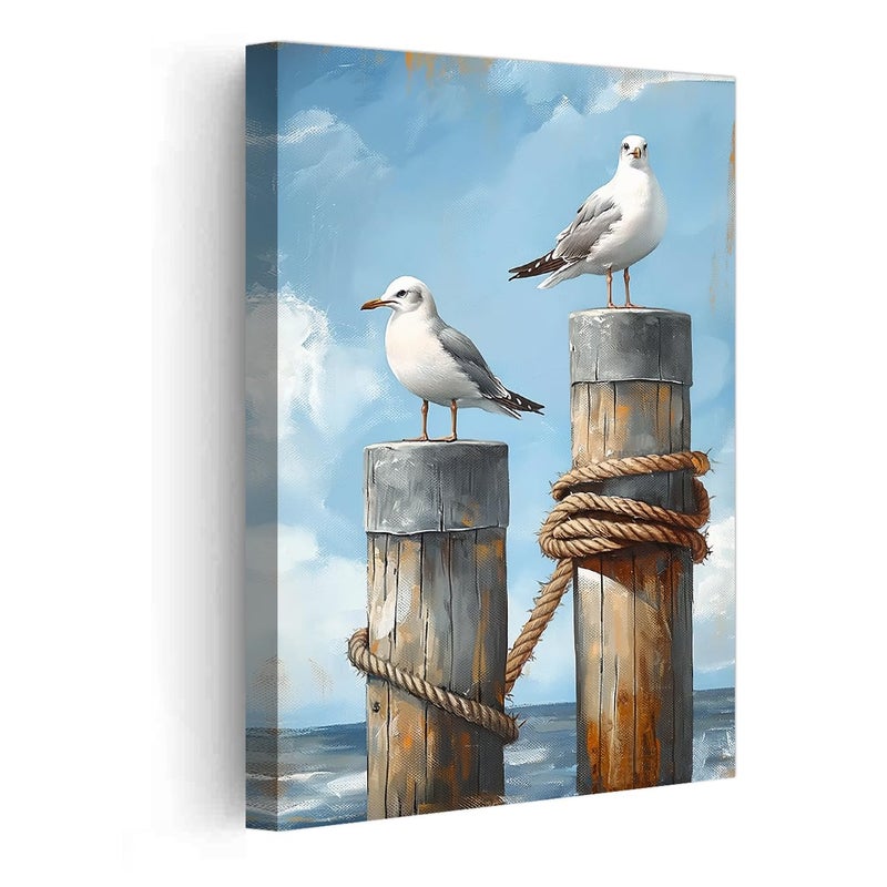 PBXBJY Coastal Wall Art Seaside Seagulls Canvas Prints Ocean Beach Bird Picture Rustic Nautical Painting Seascape Artwork for Bathroom Laundry Decor Framed (12.00" x 18.00") - Image 1