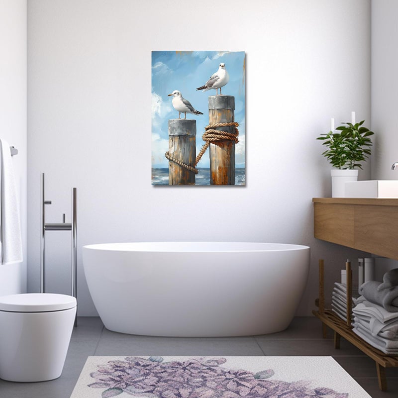 PBXBJY Coastal Wall Art Seaside Seagulls Canvas Prints Ocean Beach Bird Picture Rustic Nautical Painting Seascape Artwork for Bathroom Laundry Decor Framed (12.00" x 18.00") - Image 2