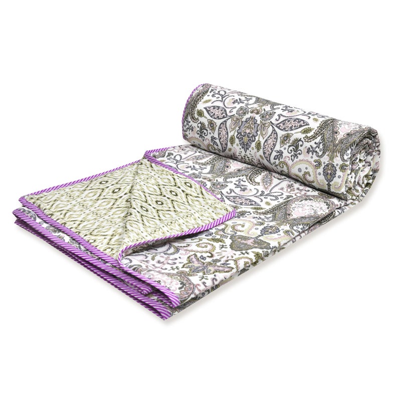 Tzafrir Tzafrir Dohar Double Bed Cotton | AC Duvet Comforter | Reversible Blanket for Summer | Sleeping Top Sheet (84 x 96, Purple Green, Pack of 1) - Image 3