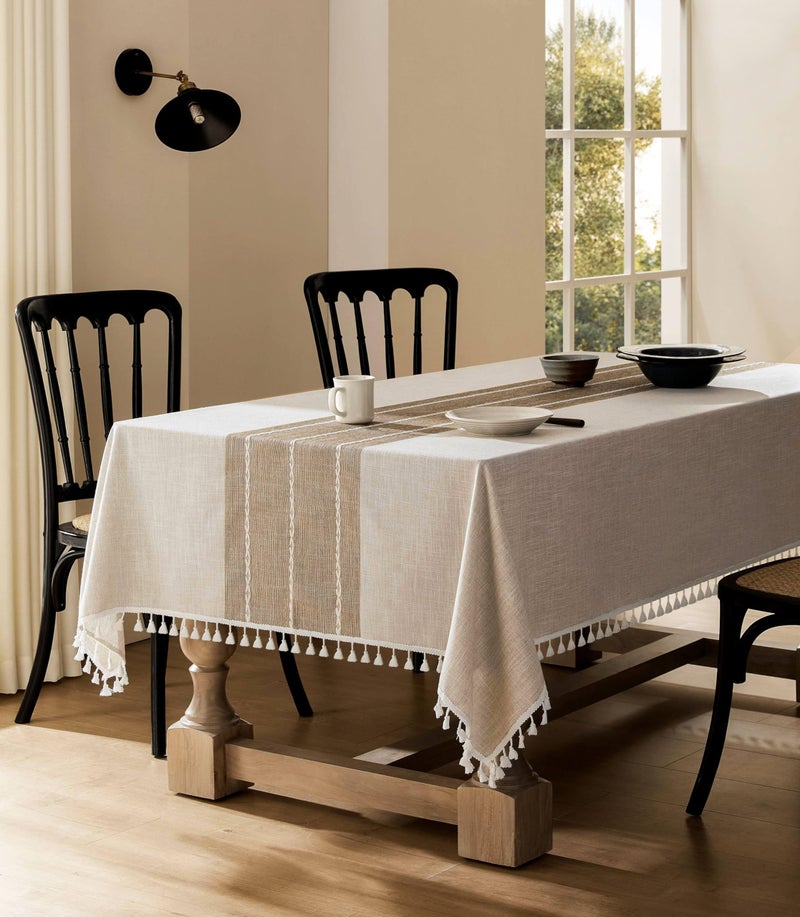ZeeMart Contrast Linen Table Cloth Rectangle Table Cloths 52x70 Inch Brown, Farmhouse Style Heavy Weight Beige Tablecloth, Water Resistant Burlap Tablecloths - Image 2