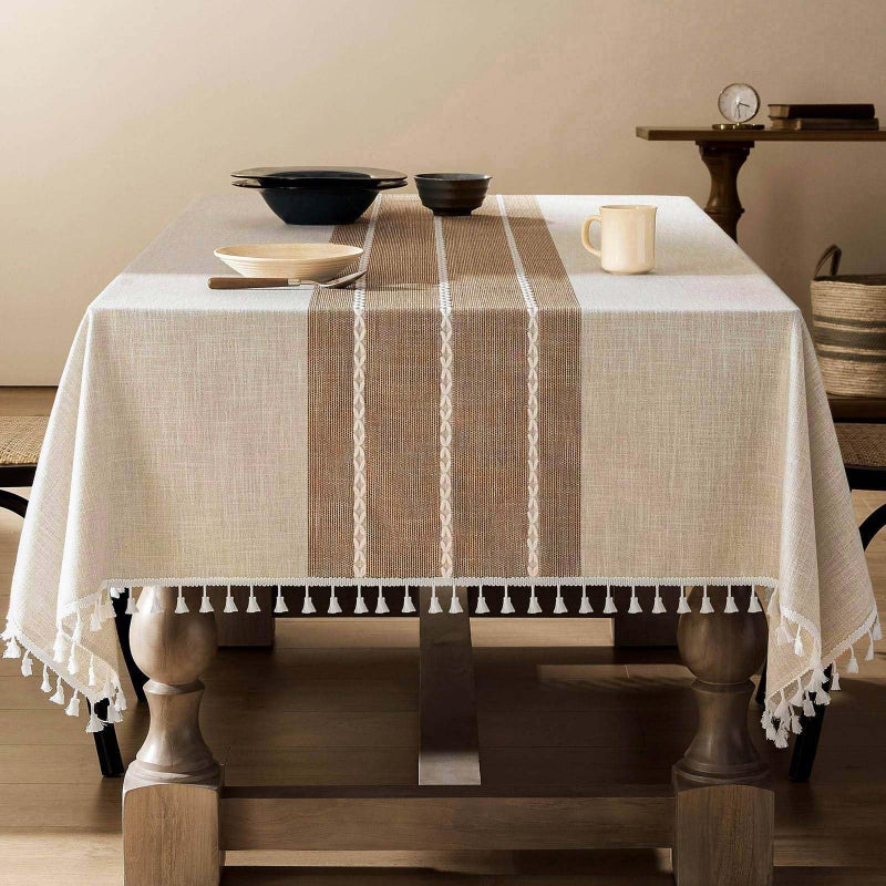 ZeeMart Contrast Linen Table Cloth Rectangle Table Cloths 52x70 Inch Brown, Farmhouse Style Heavy Weight Beige Tablecloth, Water Resistant Burlap Tablecloths - Image 1