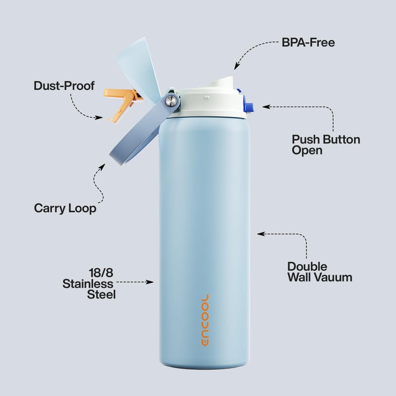 ENCOOL Insulated Water Bottle with Straw Stainless Steel Water Bottle with Push Button Lid, Leak-Proof & BPA-Free, Keeps Cold for 24 Hours for Sports, Travel, Gym (32 oz, Hazy Blue-Blue) - Image 4