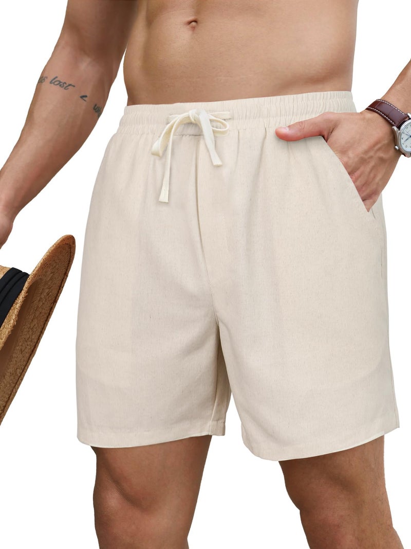 PLEPAN Mens 5 Inch Linen Shorts - Casual Elastic Waist Drawstring Summer Beach Shorts with Pocket Beige Large - Image 1