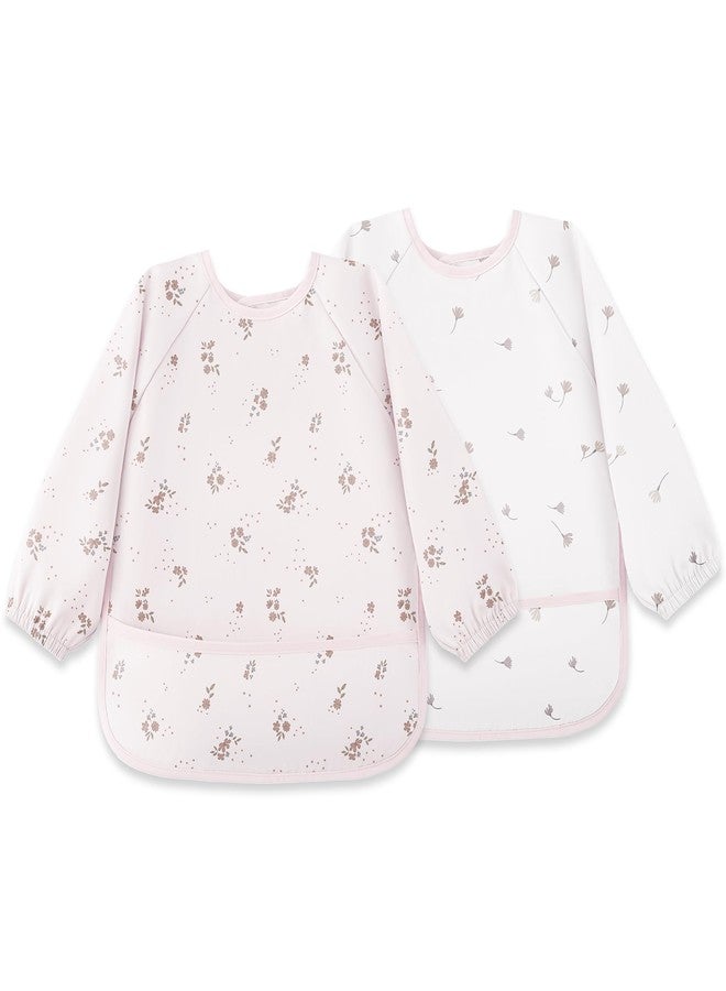 Susurration Long Sleeve Bibs for Babies 2 Pack, Baby Eating Smock Waterproof Baby Bibs for Babies & Toddlers, 6-36 Months Newborn Baby Essentials - Pink Flower - Image 1