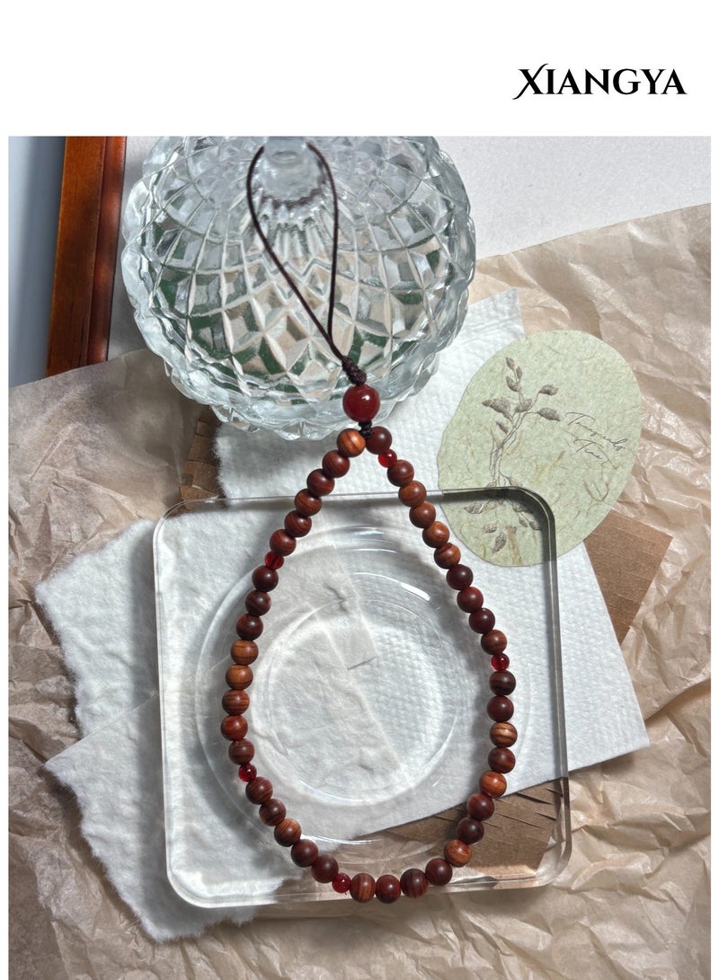 XIANGYA Phone Charms with Red Agate & Thuja Wood Beads – 20cm Handmade Wrist Lanyard with Natural Wood Accents, Original Design for Phones, Bags & Daily Use - Image 4