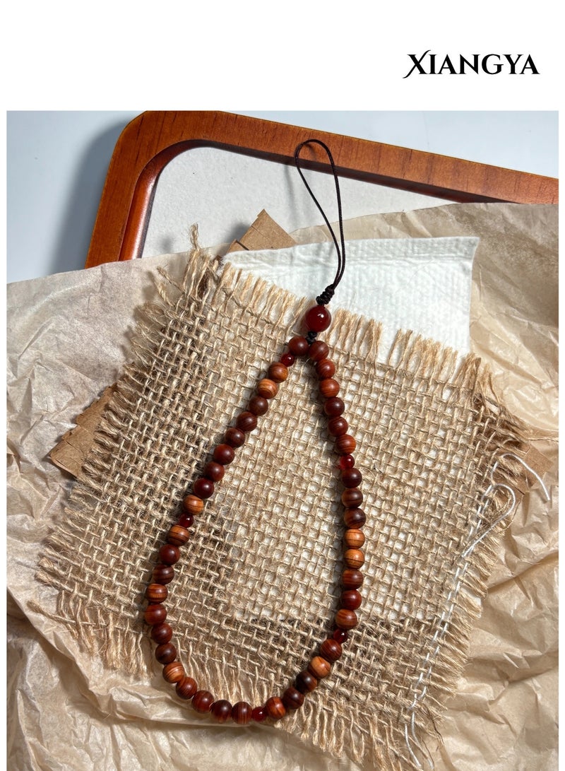 XIANGYA Phone Charms with Red Agate & Thuja Wood Beads – 20cm Handmade Wrist Lanyard with Natural Wood Accents, Original Design for Phones, Bags & Daily Use - Image 2