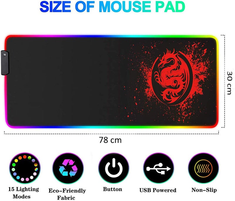 SPEED RGB Gaming Mouse Pad, Soft Glowing 14 LED Modes, Gaming Desk Keyboard Pad, Mouse Mat, Non-Slip Rubber Base - 78x30 cm - Red Dragon - Image 2