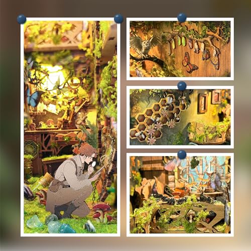 SUDOPOR DIY Book Nook KitDIY Dollhouse Booknook Bookshelf Insert Decor3D Wooden Puzzles with LED Dust CoverBook Nook Miniature KitBirthday Halloween Home Decor for Teens AdultInsects Story - Image 5