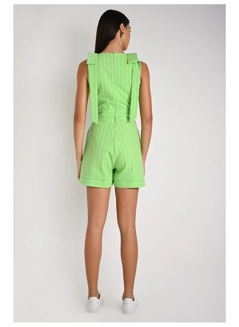 Carmen Steffens  Green Striped Shoulder Bow Romper for Women | Best Price UAE