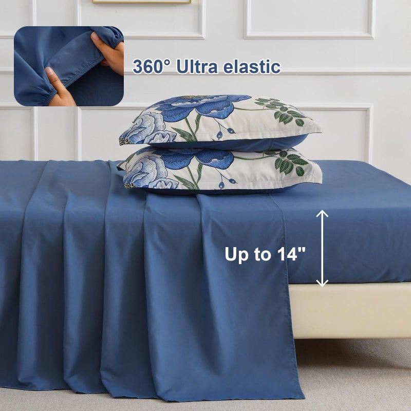 Luxudecor Beige Floral King Comforter Set 7 Pieces Bed in a Bag, Blue Flower Print on Beige Bedding Set,Soft Reversible Comforter with Sheets 104"x90" - Image 5