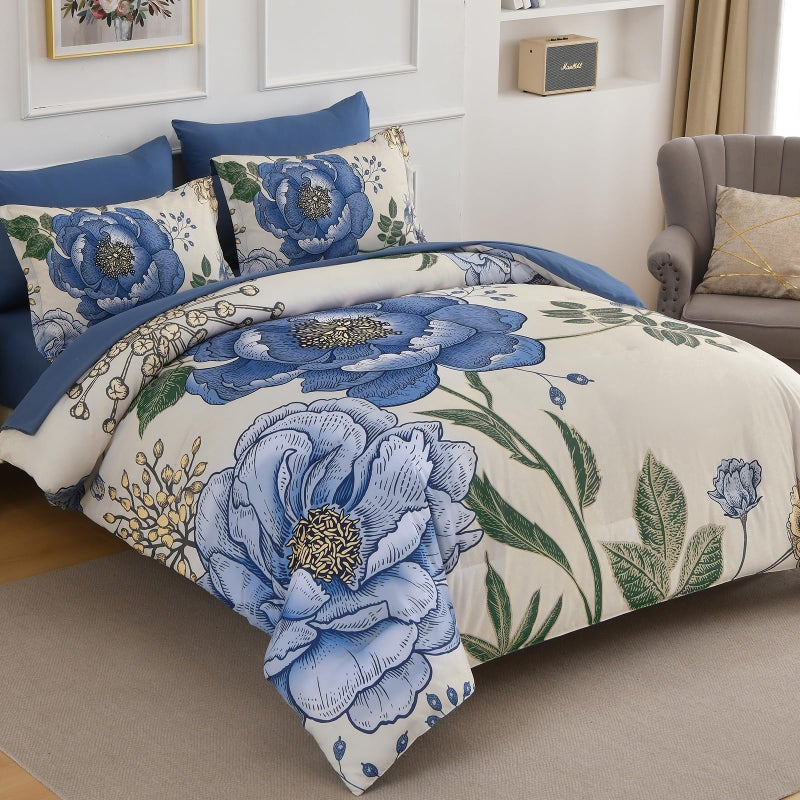 Luxudecor Beige Floral King Comforter Set 7 Pieces Bed in a Bag, Blue Flower Print on Beige Bedding Set,Soft Reversible Comforter with Sheets 104"x90" - Image 2