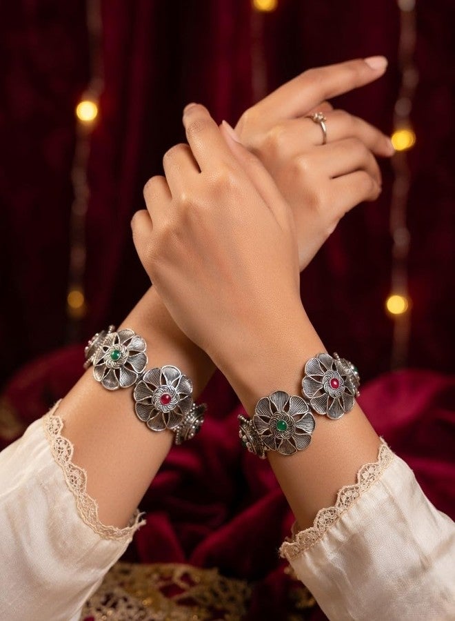 Efulgenz Indian Oxidized Bracelet Bangle Set for Women Antique Boho Bangle Wedding Jewelry Crystal Floral Cuff Style Hinge Openable Bangle Bracelet Fashion Statement Jewelry for Women (2 Pcs) - Image 5