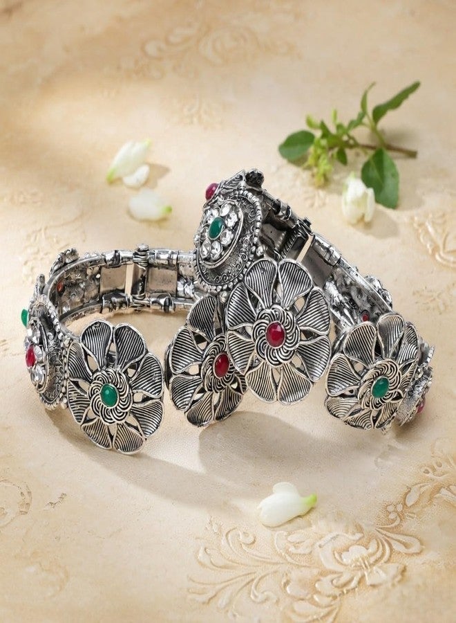 Efulgenz Indian Oxidized Bracelet Bangle Set for Women Antique Boho Bangle Wedding Jewelry Crystal Floral Cuff Style Hinge Openable Bangle Bracelet Fashion Statement Jewelry for Women (2 Pcs) - Image 3