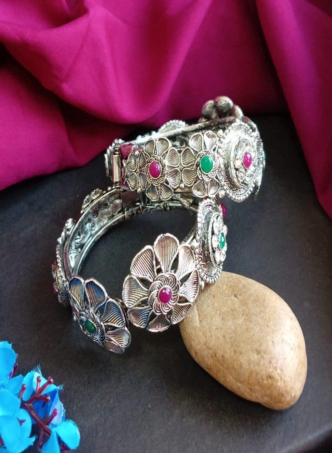 Efulgenz Indian Oxidized Bracelet Bangle Set for Women Antique Boho Bangle Wedding Jewelry Crystal Floral Cuff Style Hinge Openable Bangle Bracelet Fashion Statement Jewelry for Women (2 Pcs) - Image 2