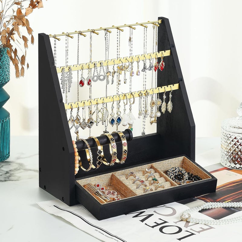 DGWJSU Jewelry Organizer Stand, 5 Layer Earring Holder Organizer with Necklace Holder, Rustic Wood Earring Organizer Display for Stud Earring Bracelet Necklace Ring, Watches (Black Gold) - Image 2