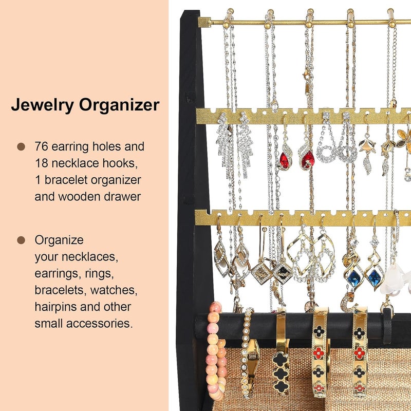 DGWJSU Jewelry Organizer Stand, 5 Layer Earring Holder Organizer with Necklace Holder, Rustic Wood Earring Organizer Display for Stud Earring Bracelet Necklace Ring, Watches (Black Gold) - Image 5