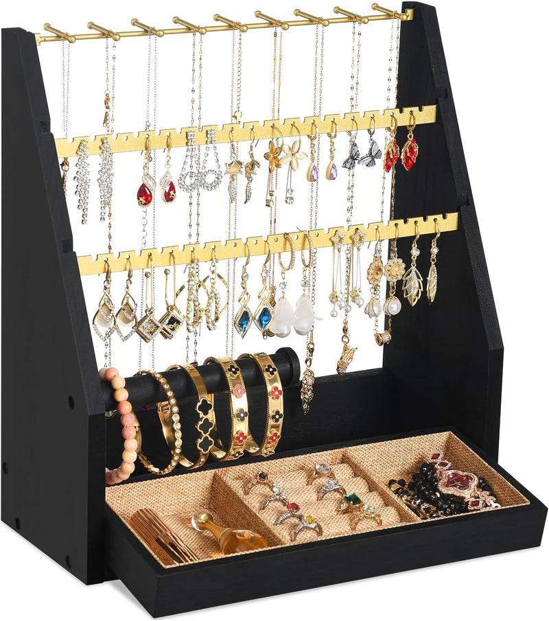 DGWJSU Jewelry Organizer Stand, 5 Layer Earring Holder Organizer with Necklace Holder, Rustic Wood Earring Organizer Display for Stud Earring Bracelet Necklace Ring, Watches (Black Gold) - Image 1
