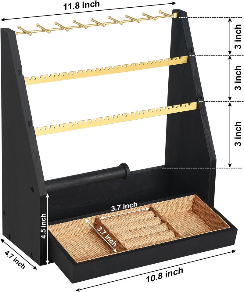 DGWJSU Jewelry Organizer Stand, 5 Layer Earring Holder Organizer with Necklace Holder, Rustic Wood Earring Organizer Display for Stud Earring Bracelet Necklace Ring, Watches (Black Gold) - Image 3