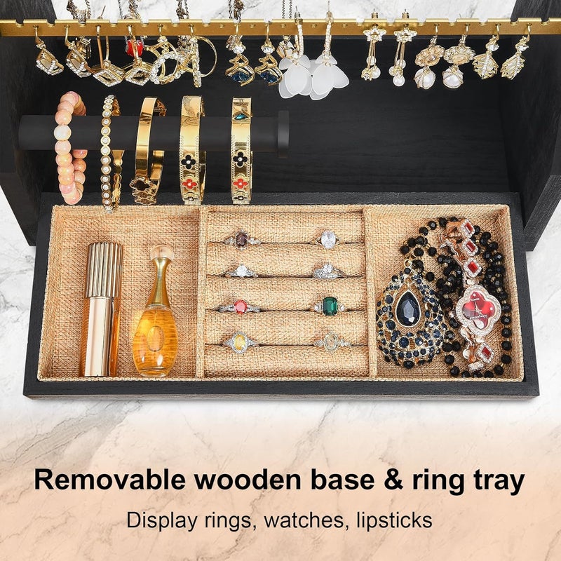 DGWJSU Jewelry Organizer Stand, 5 Layer Earring Holder Organizer with Necklace Holder, Rustic Wood Earring Organizer Display for Stud Earring Bracelet Necklace Ring, Watches (Black Gold) - Image 4