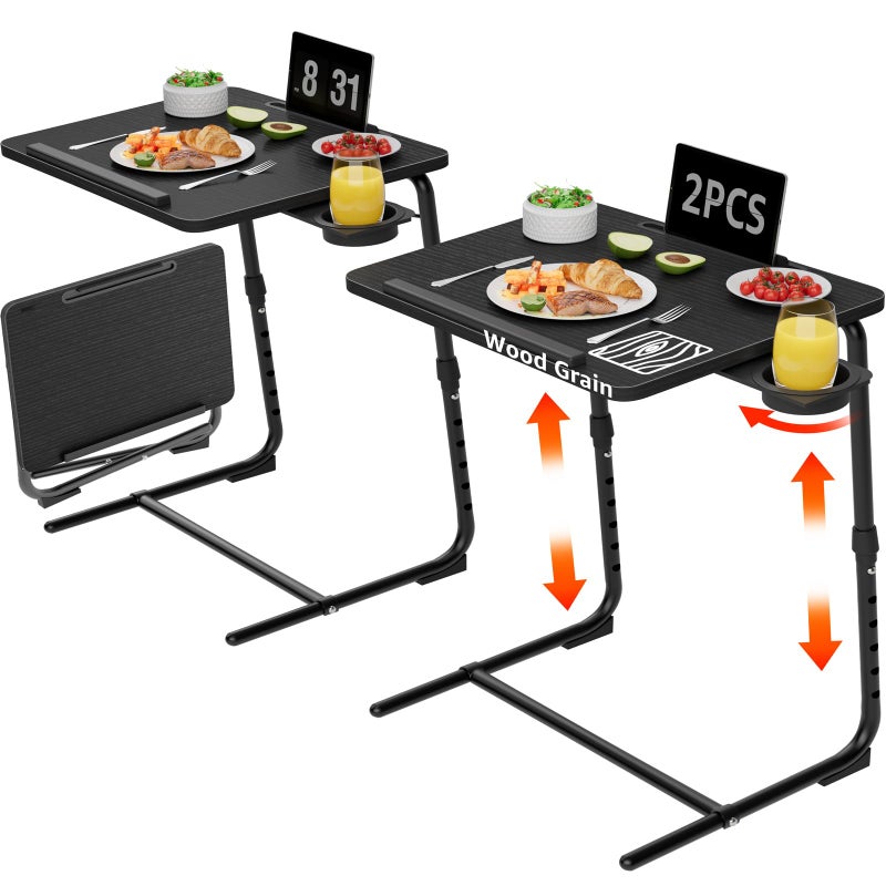 NUTIKAS TV Trays Set of 2 - Folding TV Tray Adjustable Dinner Trays for Eating On Couch Wooden Tables Mate Stand Foldable Black Desk with Cup Holder Portable - Image 1