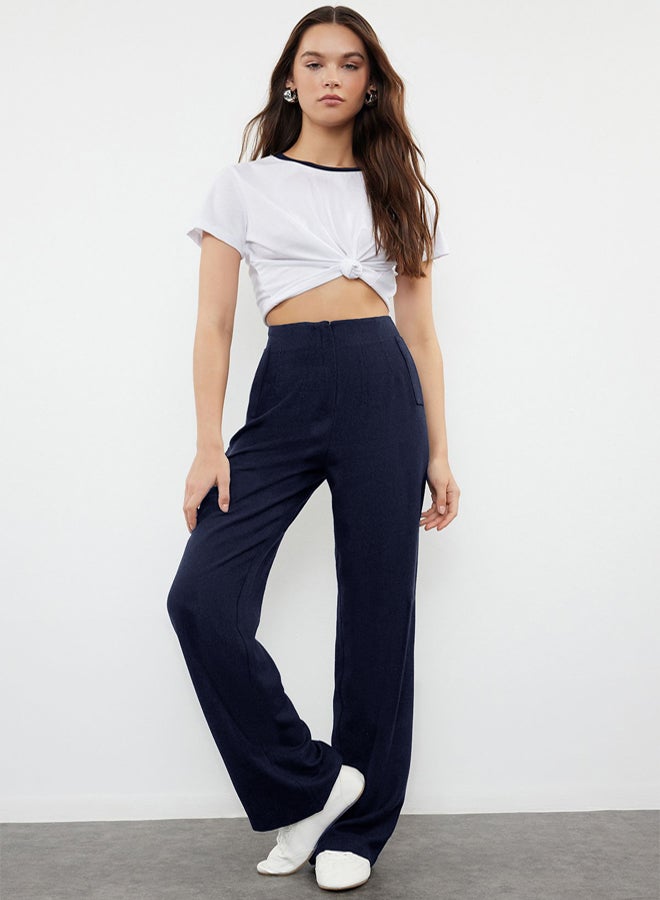 trendyol Navy Blue Linen Look Wide Leg High Waist Woven Trousers TWOSS24PL00169 - Image 1