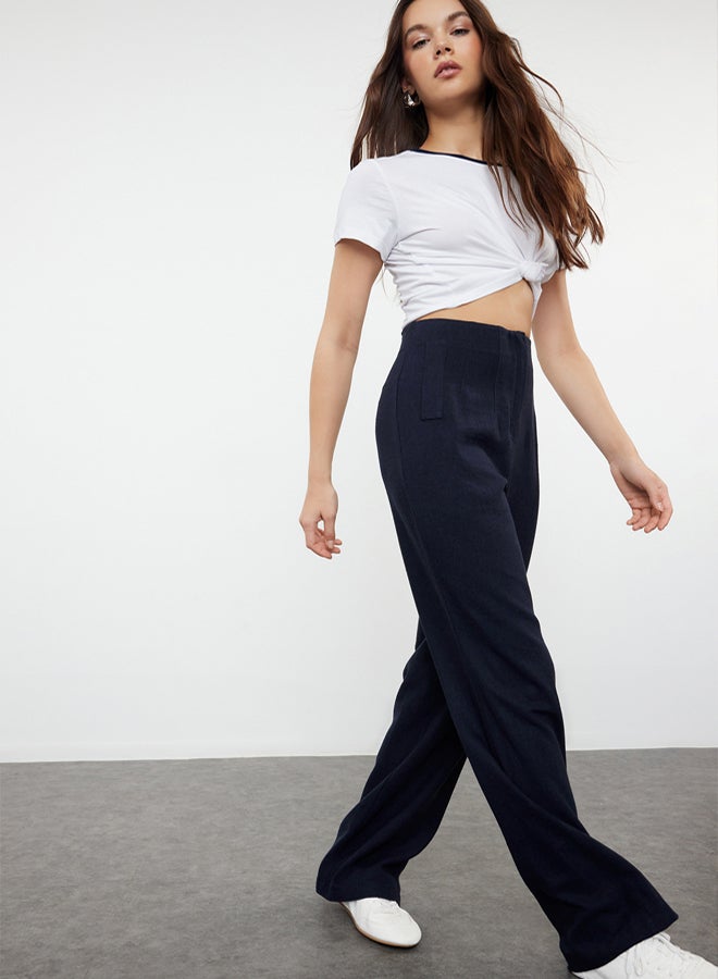 trendyol Navy Blue Linen Look Wide Leg High Waist Woven Trousers TWOSS24PL00169 - Image 2
