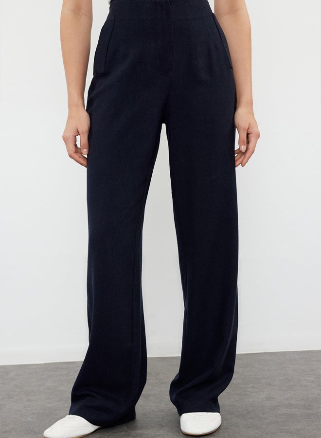 trendyol Navy Blue Linen Look Wide Leg High Waist Woven Trousers TWOSS24PL00169 - Image 3