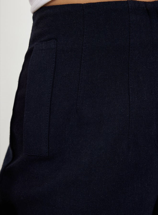 trendyol Navy Blue Linen Look Wide Leg High Waist Woven Trousers TWOSS24PL00169 - Image 4