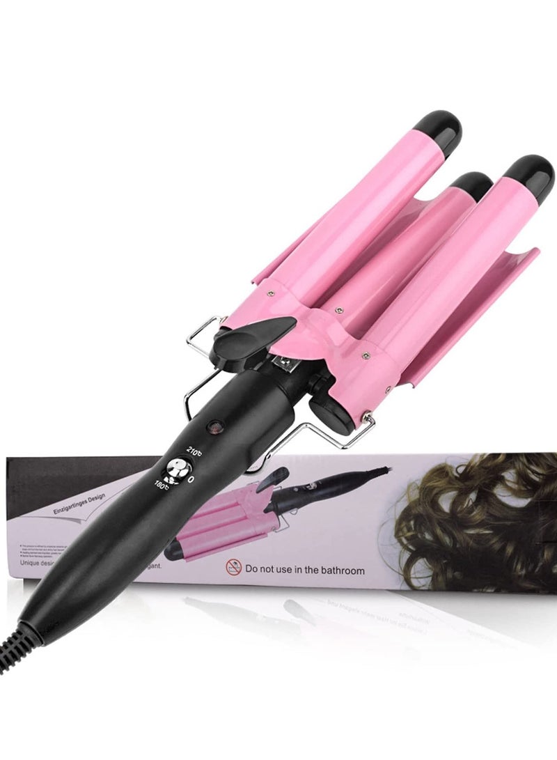 3 Barrel Curling Iron,1 inch Triple Three Barrel Hair Waver Mermaid Beach Waves Curling Wand Ceramic Tourmaline Temperature Adjustable Curler Irons,Hair Crimper Fast Heating Curling Wand (Pink) - Image 1