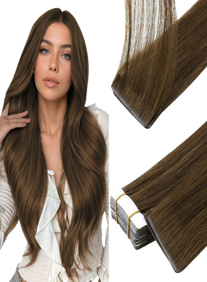 Full Shine Tape in Extensions Real Human Hair, Color Medium Brown, Invisible Skin Weft Tape in Hair Extensions, Remy Silky Straight 20 Inch 20Pcs 50g Add Length for Thinning Hair - Image 1