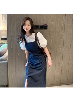 French Style Versatile Suspender Skirt Blue