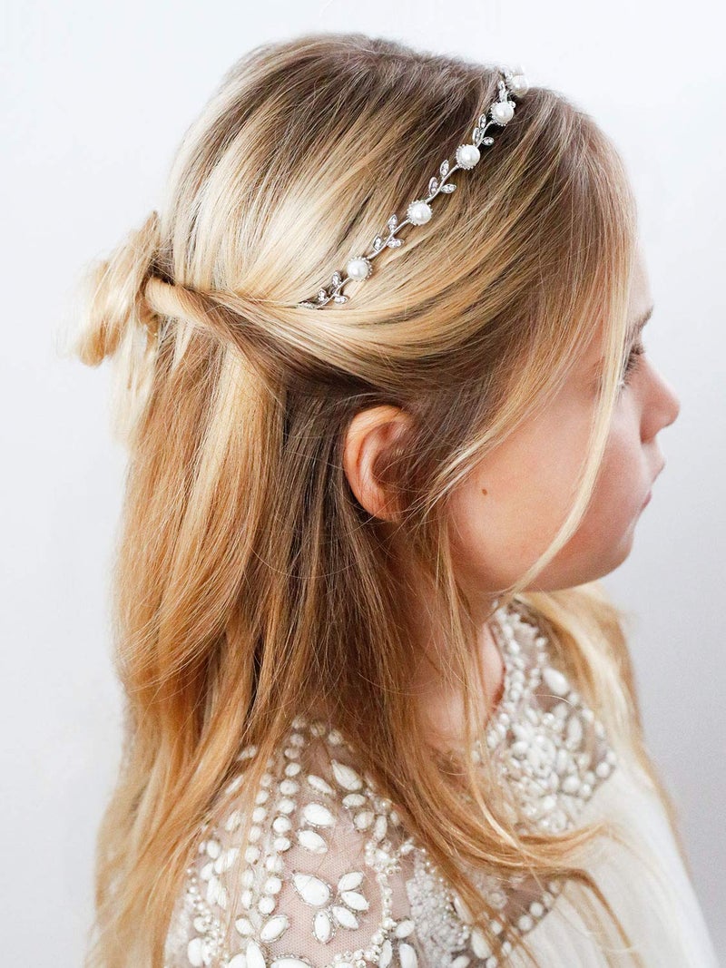 SWEETV Flower Girl Headpiece Silver Pearl Girls Headband for Wedding Princess Hair Accessories for Birthday Party, First Communion - Image 3