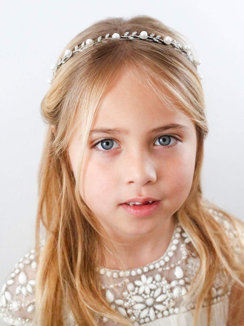 SWEETV Flower Girl Headpiece Silver Pearl Girls Headband for Wedding Princess Hair Accessories for Birthday Party, First Communion - Image 2