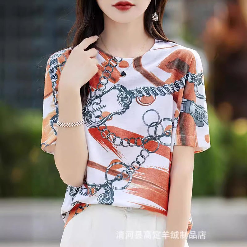 There Is Always A Suitable One-Summer Classic Joker Mulberry Silk Various Printed Pattern Round Neck Short Sleeve T-Shirt - Image 1