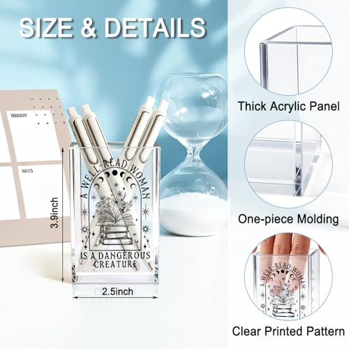 QYUVK A Well-read Woman Is A Dangerous Creature Acrylic Pencil Holder Cup, Funny Floral Books Desk Organizer for Book Lover Bookish Bookworms Readers, Women Empowerment Gifts for Mom Sister BFF - Image 2