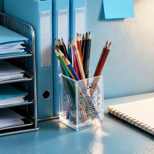 QYUVK A Well-read Woman Is A Dangerous Creature Acrylic Pencil Holder Cup, Funny Floral Books Desk Organizer for Book Lover Bookish Bookworms Readers, Women Empowerment Gifts for Mom Sister BFF - Image 4