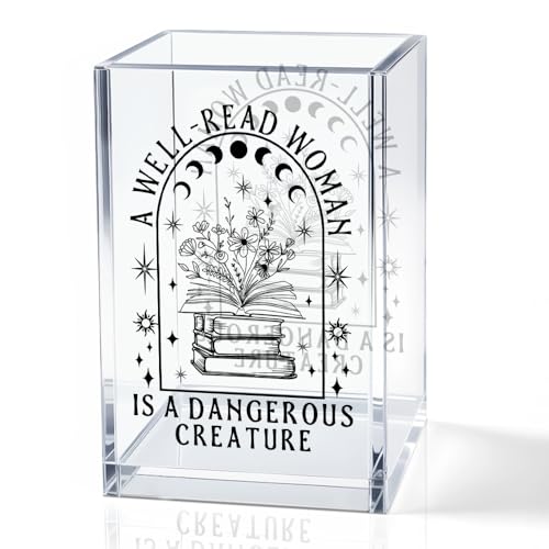 QYUVK A Well-read Woman Is A Dangerous Creature Acrylic Pencil Holder Cup, Funny Floral Books Desk Organizer for Book Lover Bookish Bookworms Readers, Women Empowerment Gifts for Mom Sister BFF - Image 1