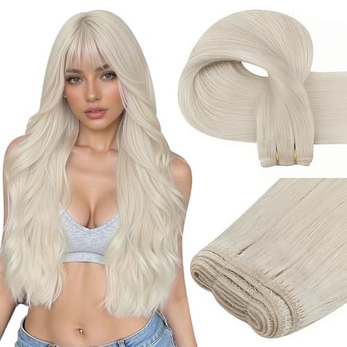 Easyouth Sew in Hair Extensions Real Human Hair Blonde Remy Human Hair Weft Extensions White Blonde Soft and Smooth Weft Hair Extensions Human Hair 12 Inch 70G - Image 1